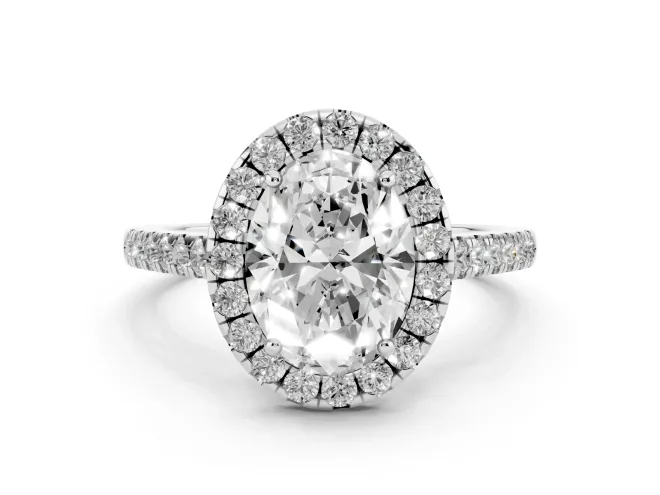Oval Cut Diamond Halo Pavé Engagement Ring Set in Silver with Prong Setting