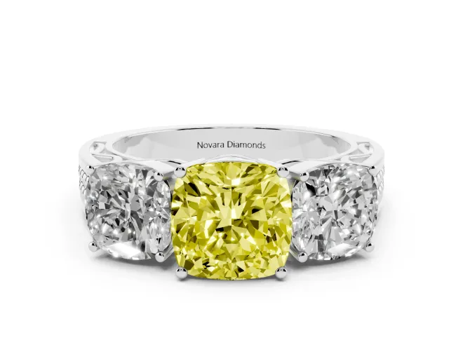 Fancy Yellow Cushion Cut Diamond Three-Stone Ring Set in White gold with Textured Band