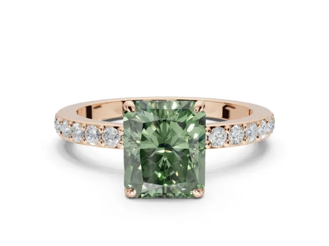 Radiant Cut Hidden Halo Engagement Ring Setting for a Fancy Green Lab-Grown Diamond | Pavé Band | Rose Gold