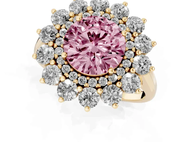 Fancy Pink Round Cut Diamond Floral Double Halo Ring Set in Yellow gold with Round Petals – second view