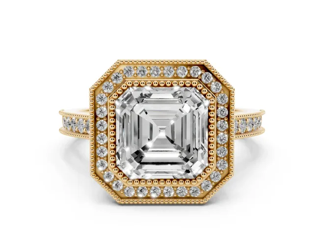Asscher Cut Vintage Milgrain Halo Engagement Ring Setting | Bezel Head | Yellow Gold