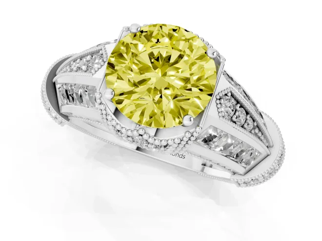 Fancy Yellow Round Cut Diamond Vintage-Inspired Milgrain Ring Set in White gold with Accent Split Shank – second view