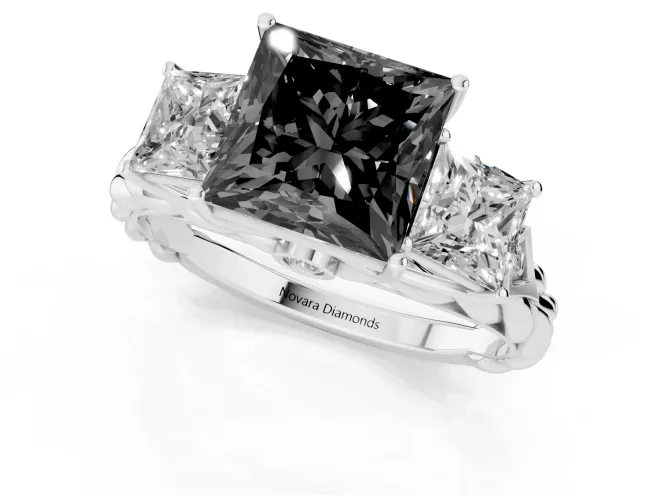 Fancy Black Princess Cut Diamond Three-Stone Ring Set in Silver with Braided Band – second view