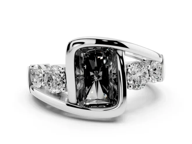 Fancy Black Radiant Cut Diamond Bezel Bypass Ring Set in White gold with Round Accents