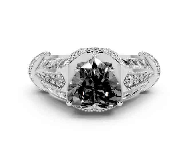 Heart-Shaped Vintage Milgrain Engagement Ring Setting for a Black Center | Hidden Halo | Platinum