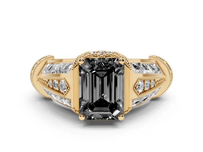 Fancy Black Emerald Cut Diamond Vintage-Inspired Milgrain Ring Set in Yellow gold with Accent Split Shank