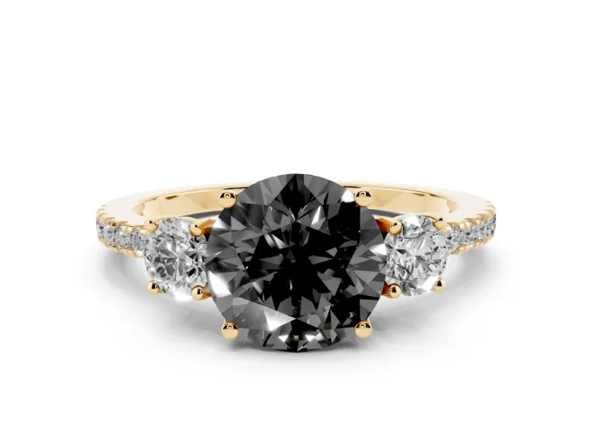 Fancy Black Round Cut Diamond Three-Stone Ring Set in Yellow gold with Pavé Band and Graduated Sides