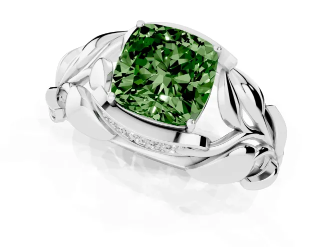 Fancy Green Cushion Cut Diamond Leaf-Inspired Engagement Ring Set in Silver with Round Accents – second view