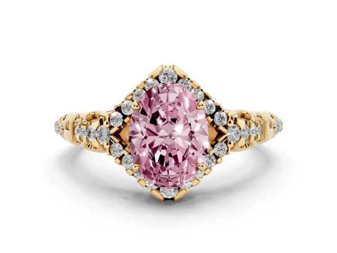 Fancy Pink Oval Cut Diamond Solitaire Ring Set in Yellow gold with Hidden Halo and Pavé Band