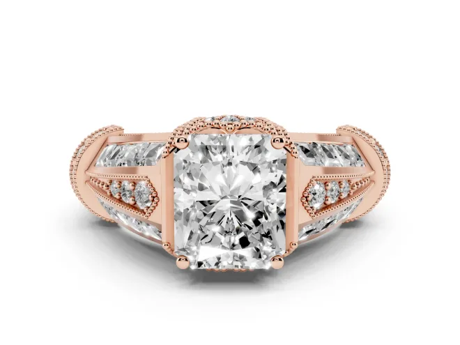 Radiant Cut Diamond Vintage-Inspired Milgrain Ring Set in Rose gold with Accent Split Shank