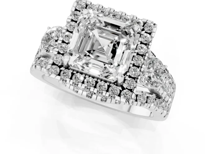 Asscher Cut Diamond Halo Split Shank Ring Set in Silver with Round Accent Stones and Prong Setting – second view