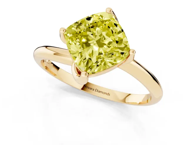 Fancy Yellow Cushion Cut Diamond Solitaire Engagement Ring Set in Yellow gold with Classic Plain Band – second view