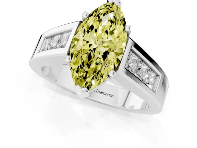 Fancy Yellow Marquise Cut Diamond Solitaire Ring Set in Platinum with Channel-Set Accent Stones and Prong Setting – second view