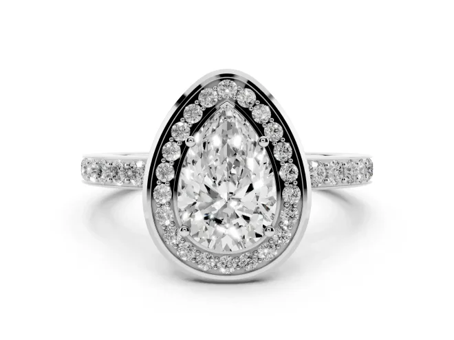 Pear Cut Diamond Halo Ring Set in White gold with Bezel Frame and Pavé Band