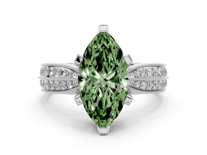 Fancy Green Marquise Cut Diamond Solitaire Ring Set in Silver with Milgrain Double Row Round Pavé Band
