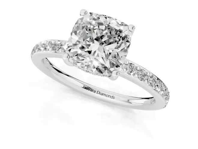 Cushion Cut Diamond Pavé Band Ring Set in White gold with Prong-Set Center Stone – second view