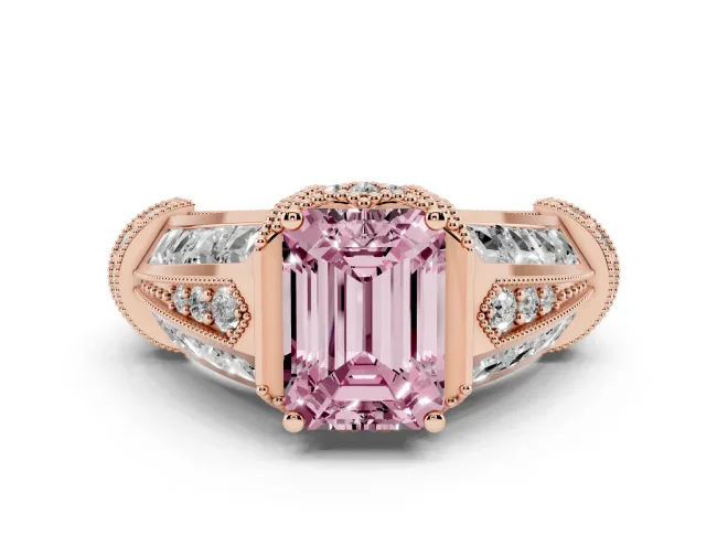 Emerald Cut Vintage Milgrain Engagement Ring Setting for a Fancy Pink Lab-Grown Diamond | Hidden Halo | Rose Gold