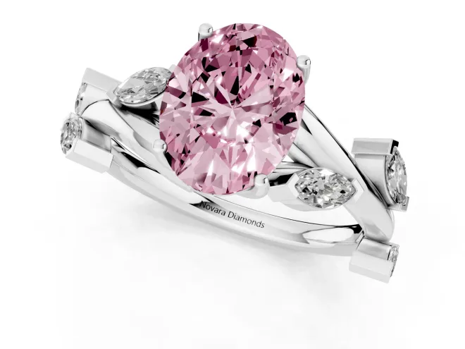 Fancy Pink Oval Cut Diamond Solitaire Ring Set in White gold with Twisted Marquise Accent Band – second view