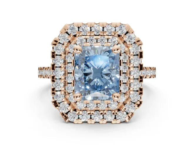 Radiant Cut Double Halo Engagement Ring Setting for a Fancy Blue Lab-Grown Diamond | Pavé Shoulders | Rose Gold