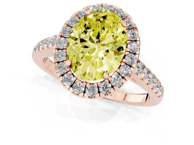 Fancy Yellow Oval Cut Diamond Halo Pavé Engagement Ring Set in Rose gold with Prong Setting – second view