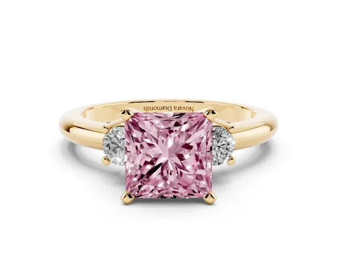 Princess Cut Three Stone Engagement Ring Setting for a Fancy Pink Lab-Grown Diamond | Round Side Stones | Yellow Gold