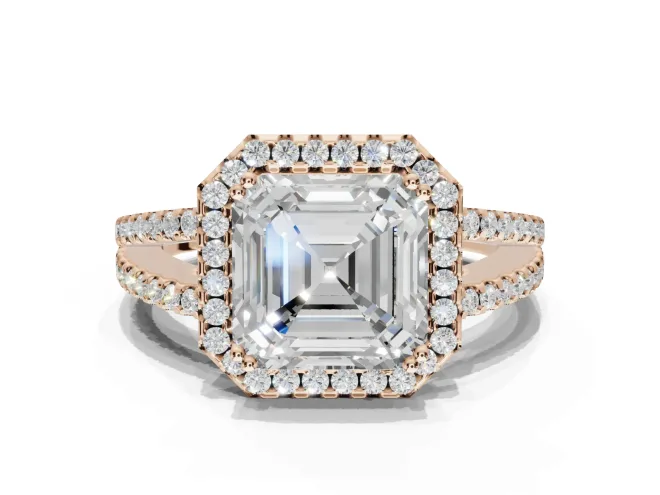 Asscher Cut Halo Split Shank Engagement Ring Setting | Pavé Shoulders | Rose Gold