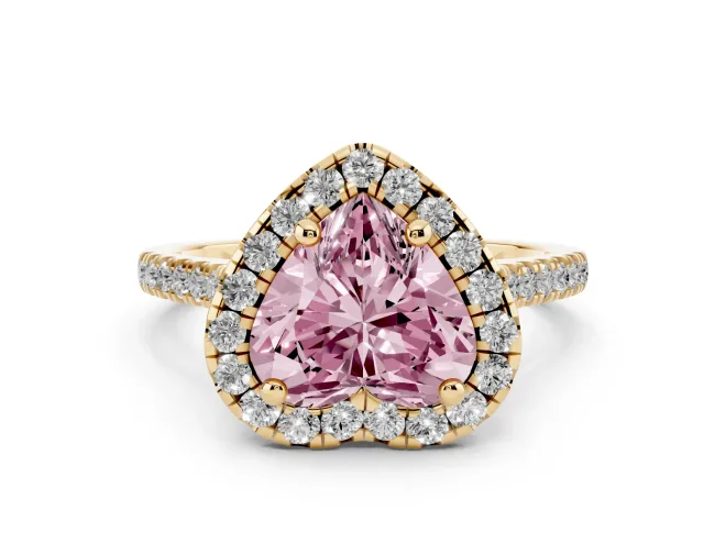 Fancy Pink Heart Cut Diamond Cushion Halo Ring Set in Yellow gold with Pavé Band