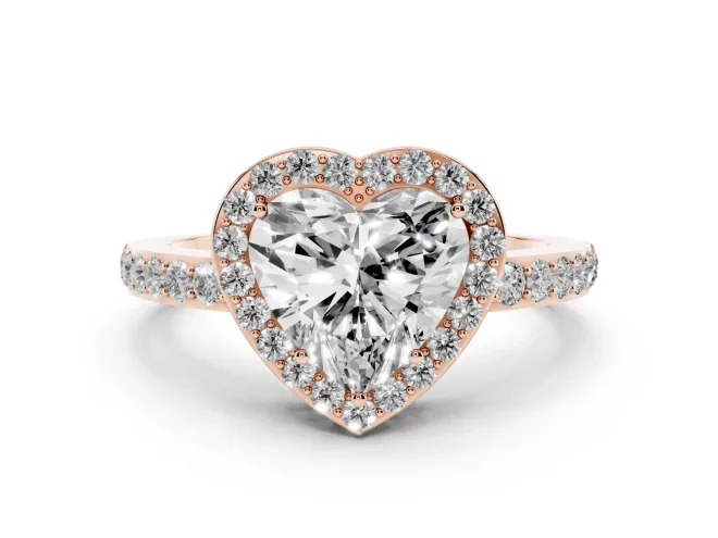Heart Cut Diamond Halo Ring Set in Rose gold with Pavé-Setting Band and Open Prong Center