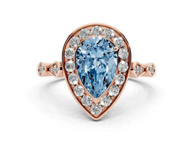Pear-Shaped Halo Engagement Ring Setting for a Fancy Blue Lab-Grown Diamond | Bezel Station Shoulders | Rose Gold