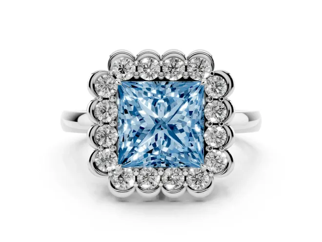 Princess Cut Scalloped Cluster Halo Engagement Ring Setting for a Fancy Blue Lab-Grown Diamond | Plain Band | White Gold