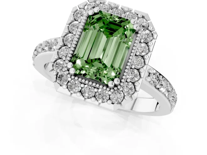 Fancy Green Emerald Cut Diamond Halo Ring Set in Platinum with Pavé Shank and Prong Setting – second view