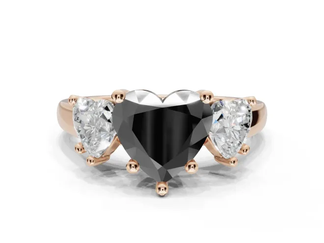 Heart-Shaped Three Stone Engagement Ring Setting for a Black Center | Tapered Band | Rose Gold