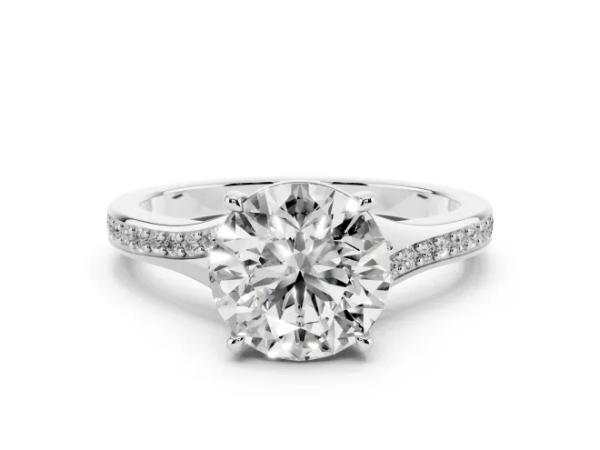 Round Cut Diamond Solitaire Ring Set in Silver with Pavé Accent Band and Classic Prong Setting