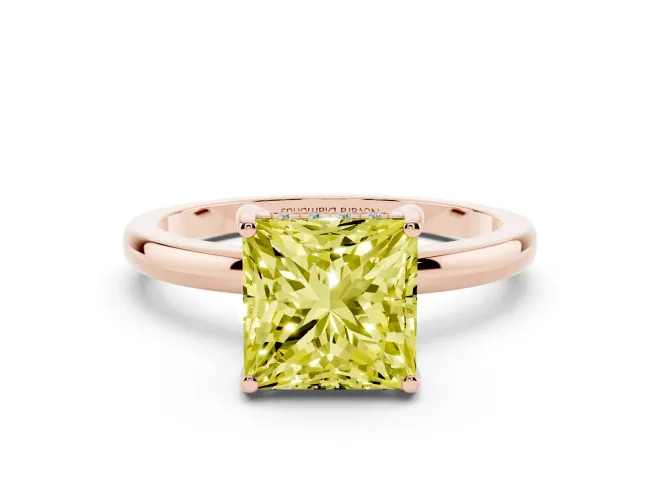 Fancy Yellow Princess Cut Diamond Solitaire Ring Set in Rose gold with Plain Band and Prong Setting