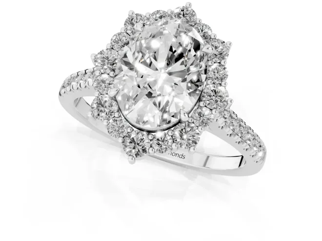 Oval Cut Diamond Halo Ring Set in Silver with Pavé Band and Prong Setting – second view