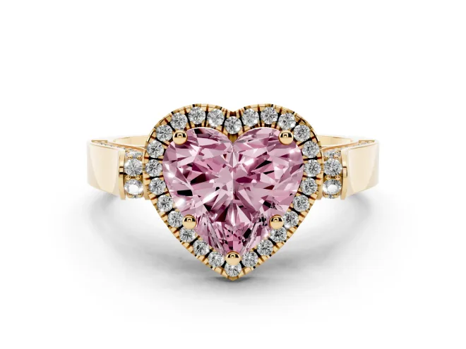 Heart-Shaped Halo Engagement Ring Setting for a Fancy Pink Lab-Grown Diamond | Pointed Pavé Shoulders | Yellow Gold