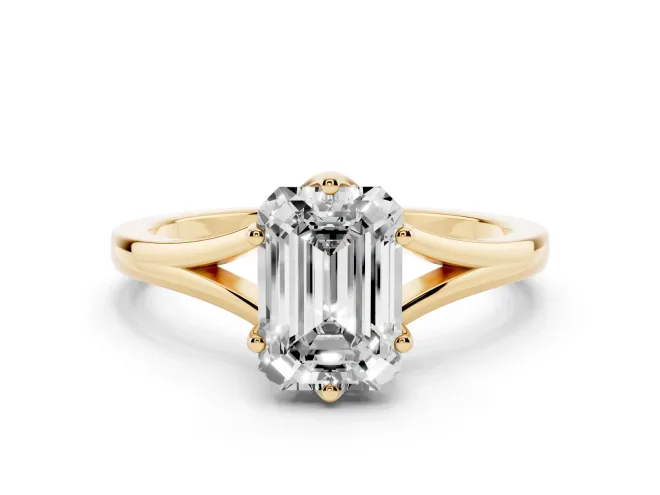 Emerald Cut Diamond Solitaire Ring Set in Yellow gold with Polished Tapered Band and Prong Setting