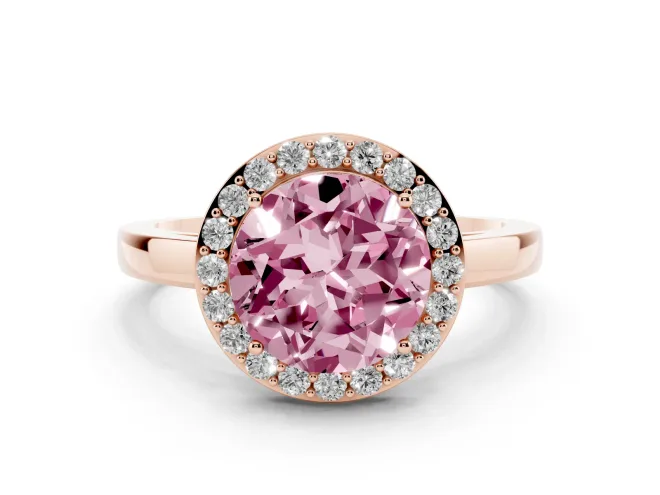 Round Thin Halo Engagement Ring Setting for a Fancy Pink Lab-Grown Diamond | Plain Band | Rose Gold