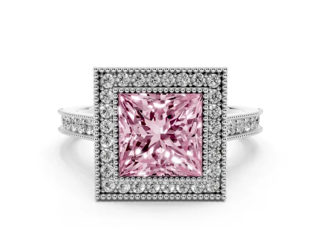 Princess Cut Vintage Milgrain Halo Engagement Ring Setting for a Fancy Pink Lab-Grown Diamond | Bezel Head | White Gold