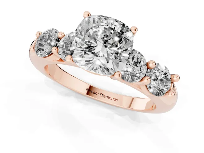Cushion Cut Diamond Five-Stone Prong Set Ring Set in Rose gold with Classic Band – second view
