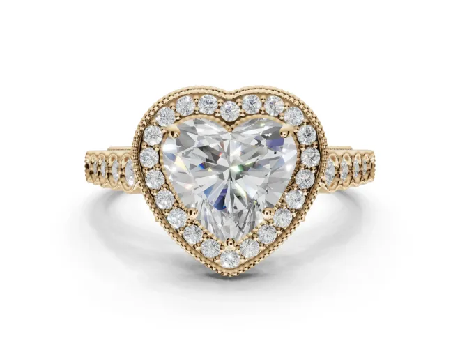 Heart-Shaped Milgrain Halo Engagement Ring Setting | Graduated Bezel Accents | Yellow Gold