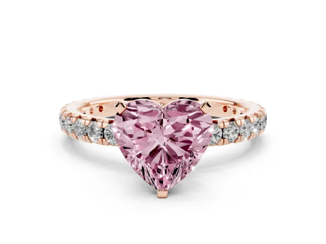 Fancy Pink Heart Cut Diamond Pavé Solitaire Ring Set in Rose gold with Round Band and Prong Setting