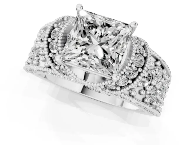 Princess Cut Vintage Milgrain Pave Engagement Ring Setting | Crescent Side Rows | Platinum – second view