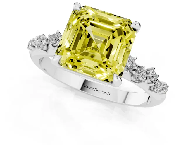 Fancy Yellow Asscher Cut Diamond Solitaire Vine Band Ring Set in Platinum with Round Accents and Prong Setting – second view