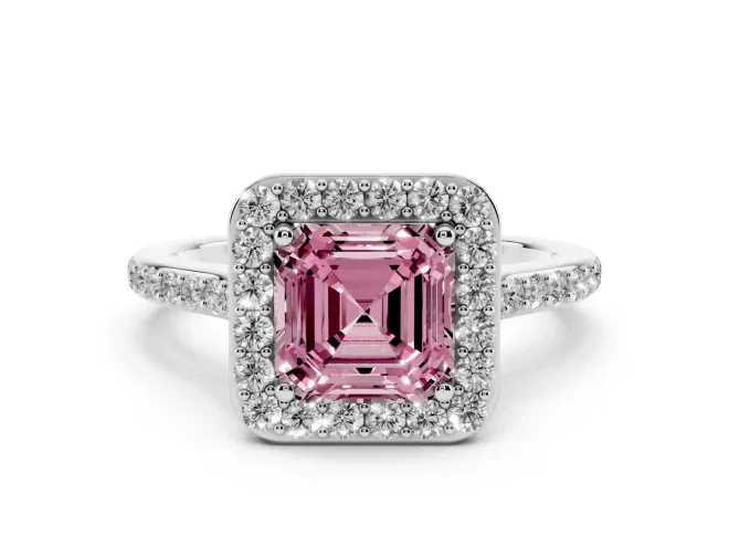 Fancy Pink Asscher Cut Diamond Halo Engagement Ring Set in Platinum with Round Pavé Shoulders and Heart Gallery