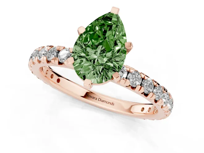 Fancy Green Pear Cut Diamond Pavé Solitaire Ring Set in Rose gold with Round Band and Prong Setting – second view