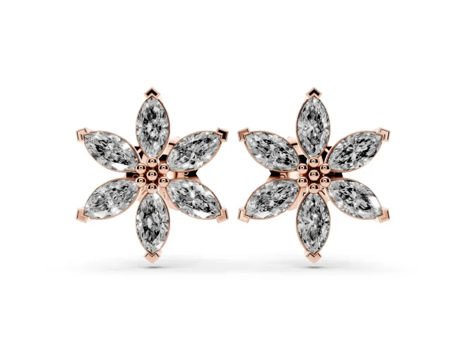 Marquise Lab-Grown Diamond Six Petal Flower Stud Earrings | Beaded Middle | Rose Gold
