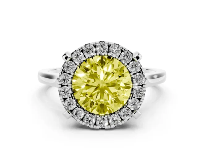 Round Halo Engagement Ring Setting for a Fancy Yellow Lab-Grown Diamond | Claw Corners | White Gold
