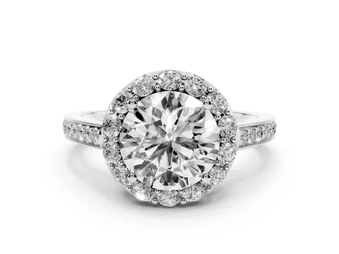 Round Cut Diamond Floral Halo Ring Set in Silver with Pavé Band and Prong Setting