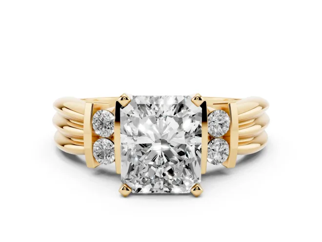Radiant Cut Bar-Set Accent Engagement Ring Setting | Grooved Band | Yellow Gold